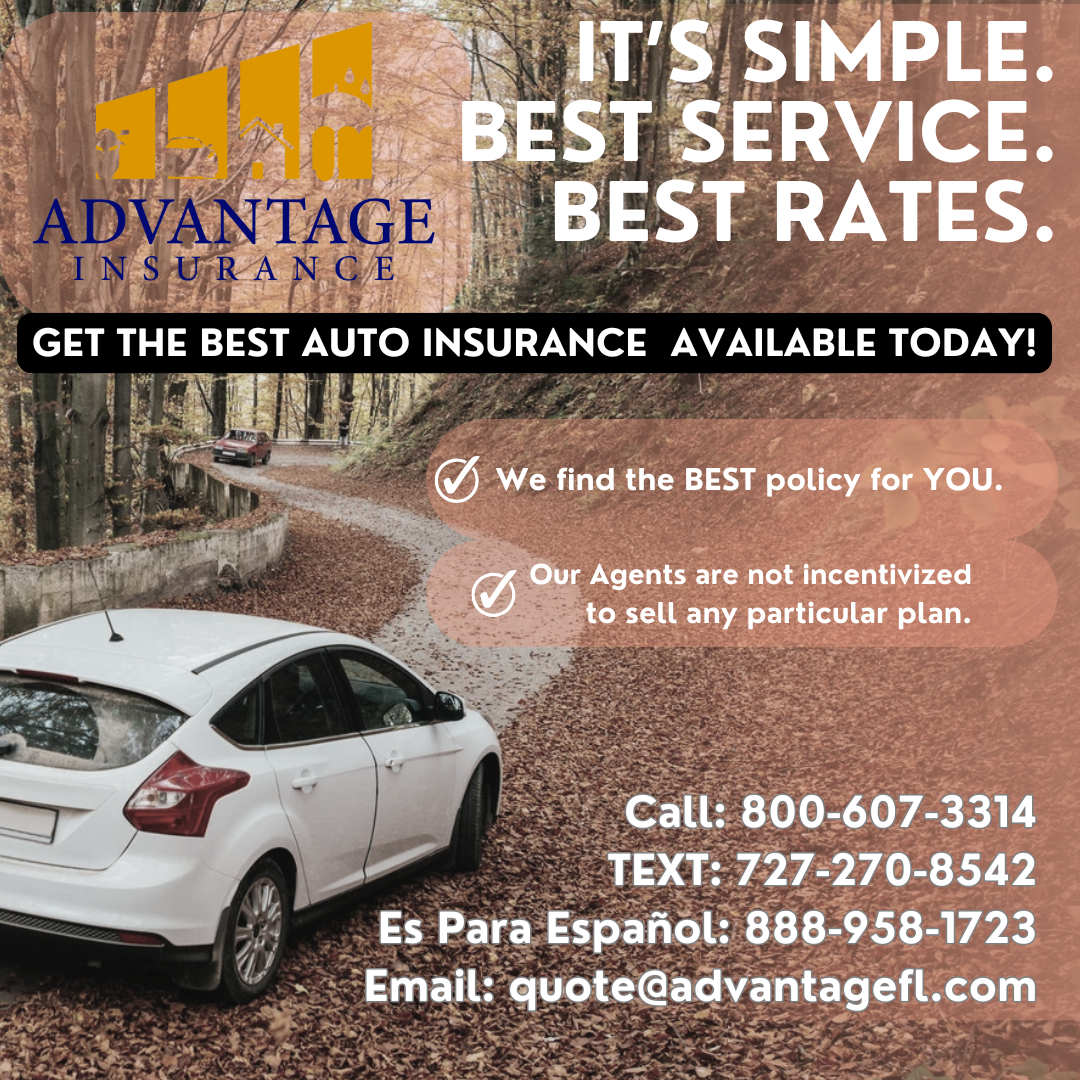 White car driving on a winding forest road in autumn with Advantage Insurance logo and contact info promoting best Florida auto insurance